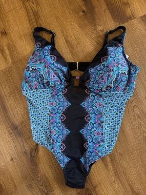 Black One-Piece Swimsuit with Blue Paisley Print Size 22 Plus Size